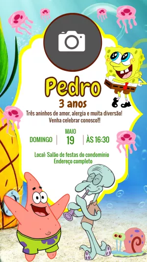 Convite Aniversário Bob Esponja com Foto para Editar Online