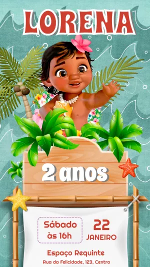 Convite Aniversário Moana Baby para Editar e Imprimir Online