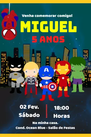 Convite de Aniversário Super Heróis para Editar Online