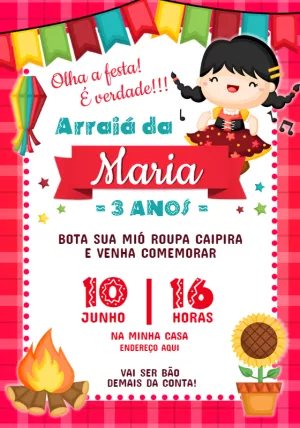 Convite Aniversário Festa Junina Menina Caipira para Editar