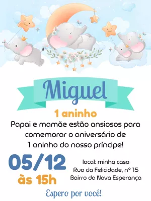 Convite Aniversário Elefantinho Fofo para Editar Online