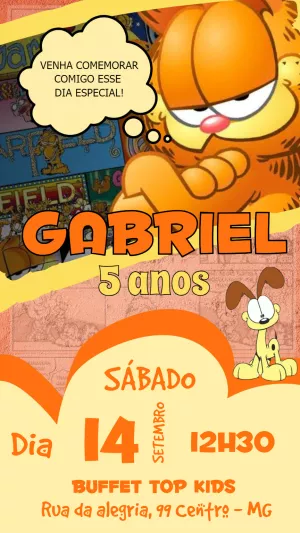 Convite de Aniversário Garfield com Personagens para Editar Online