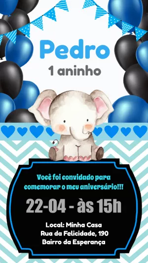 Convite Aniversário Elefantinho Azul para Editar Online