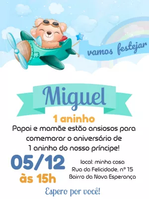 Convite Aniversário Ursinho Aviador para Editar Online