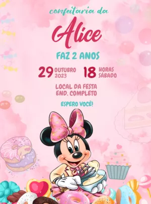 Convite Aniversário Confeitaria da Minnie Rosa para Editar