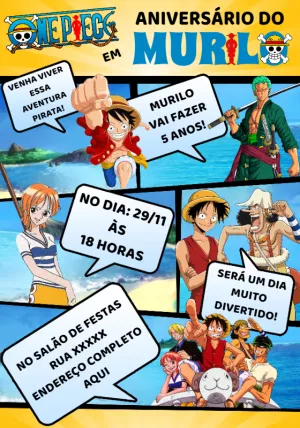 Convite de Aniversário One Piece com Personagens para Editar