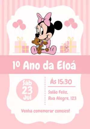 Convite Aniversário Minnie Baby Rosa para Editar Online