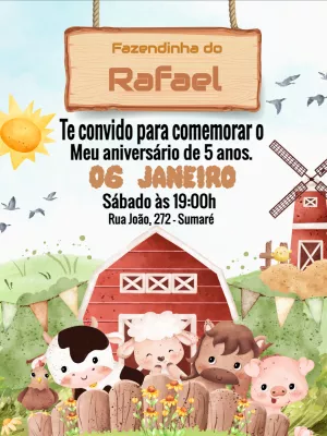 Convite de Aniversário Fazendinha com Animais para Editar Online