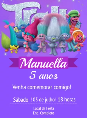 Convite de Aniversário Trolls com Personagens para Editar Online
