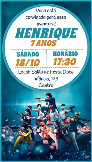 Convite Aniversário Free Fire com Personagens para Editar