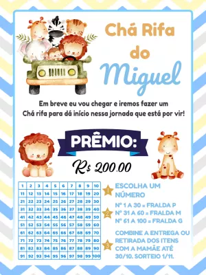Convite Chá Rifa Safari com Animais Fofos para Editar Online