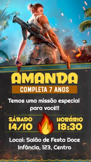 Convite Aniversário Free Fire com Personagem Feminina para Editar