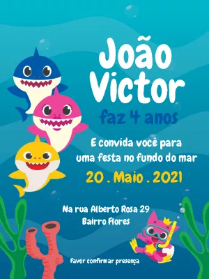 Convite de Aniversário Baby Shark Fundo do Mar para Editar