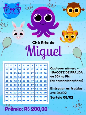 Rifa Chá de Fraldas Bolofofos com Tabela para Editar Online