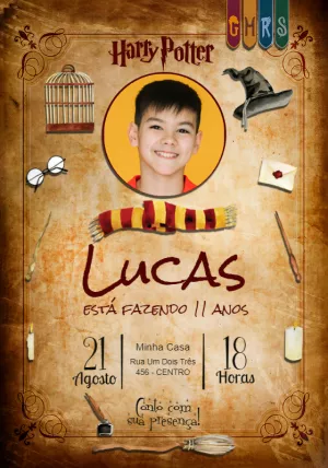 Convite Aniversário Harry Potter com Foto para Editar Online