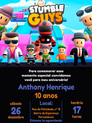 Convite de Aniversário Stumble Guys com Personagens para Editar