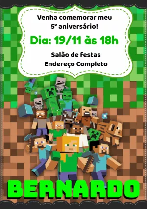 Convite de Aniversário Minecraft com Personagens para Editar