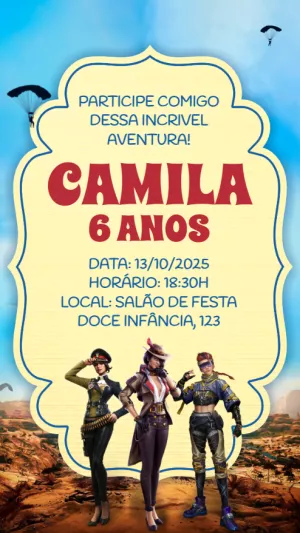 Convite Aniversário Free Fire Feminino para Editar Online