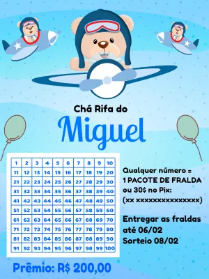 Chá Rifa Ursinho Aviador: Convite Editável para Imprimir
