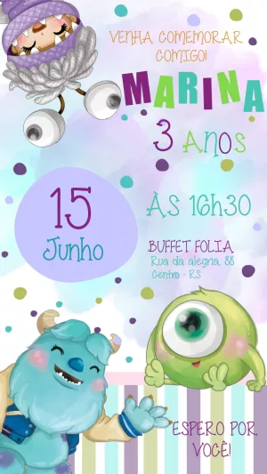 Convite de Aniversário Monstros S.A. Fofo para Editar Online