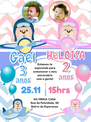 Convite Aniversário Duplo Ursinhos Aviadores com Foto para Editar
