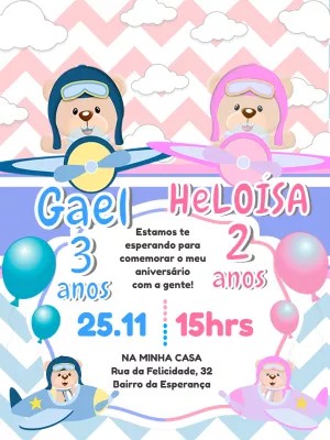 Convite Aniversário Duplo Ursinhos Aviadores para Editar
