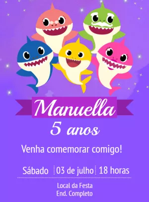 Convite de Aniversário Baby Shark Editável para Imprimir