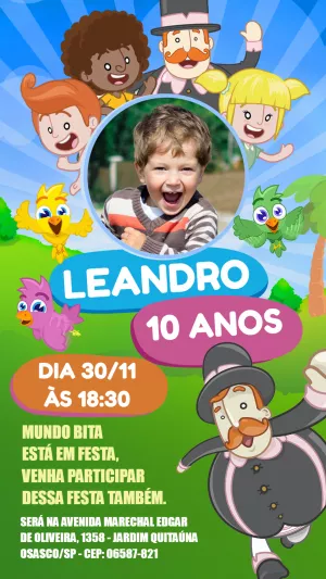 Convite Aniversário Mundo Bita com Foto para Editar Online