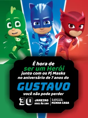 Convite de Aniversário Pj Masks Editável Online para Imprimir