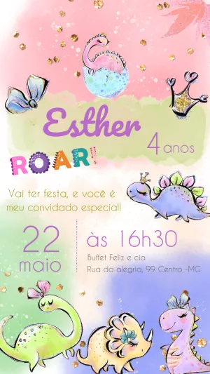 Convite Aniversário Dinossauro Menina para Editar Online