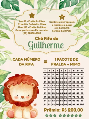 Convite Chá Rifa Leão Safari para Editar e Enviar Online