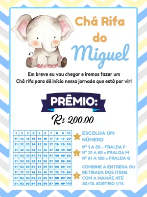 Convite Chá Rifa Elefantinho Azul para Editar Online