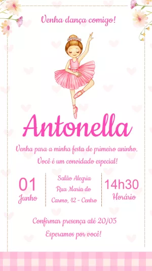 Convite Aniversário Bailarina Rosa para Editar Online