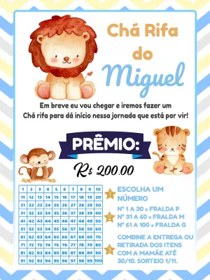 Convite Chá Rifa Leãozinho Safari Editável para Imprimir