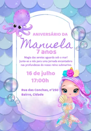 Convite de Aniversário Sereia Fofa para Editar Online