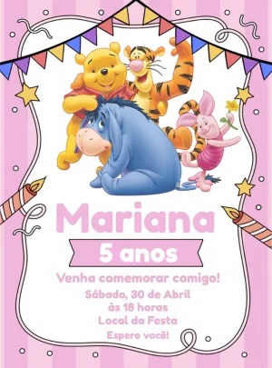 Convite Aniversário Ursinho Pooh e Amigos para Editar Online