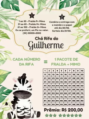 Convite Chá Rifa Tema Zebra Safari Editável para Imprimir