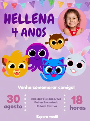 Convite Aniversário Bolofofos com Foto para Editar Online