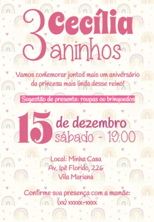 Convite Aniversário Menina Arco-íris Rosa para Editar Online