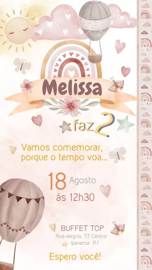Convite de Aniversário Balão e Arco-íris Boho para Editar