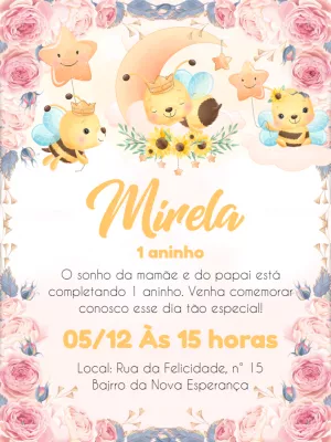 Convite de Aniversário Abelha Floral para Editar Online