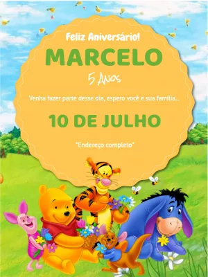 Convite de Aniversário Ursinho Pooh e Turma para Editar Online