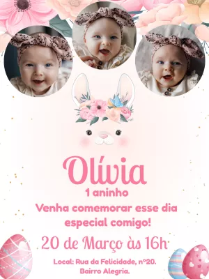 Convite de Aniversário Páscoa com Foto de Coelhinha para Editar