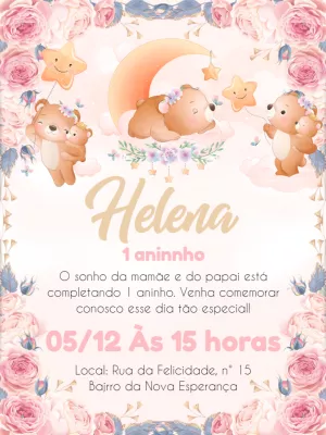 Convite de Aniversário Ursinha Floral para Editar Online
