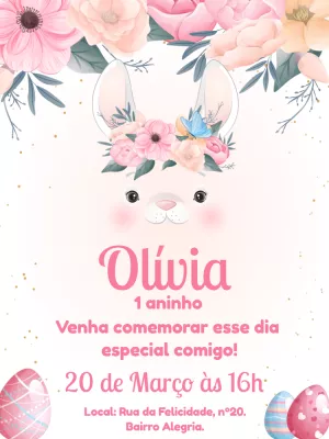 Convite Aniversário Páscoa Coelhinha Floral para Editar Online