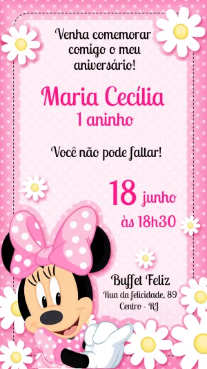 Convite de Aniversário Minnie Rosa para Editar e Imprimir