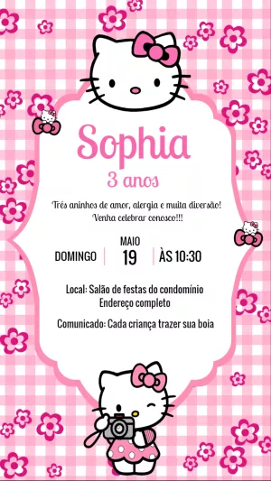 Convite Aniversário Hello Kitty Rosa para Editar Online