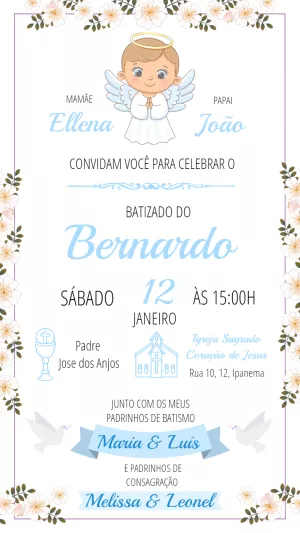 Convite de Batizado Menino Anjinho Floral para Editar Online