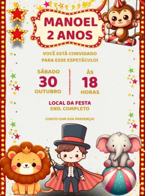 Convite Aniversário Circo com Animais Fofos para Editar Online