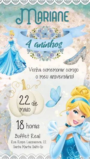 Convite de Aniversário Cinderela Princesa para Editar Online